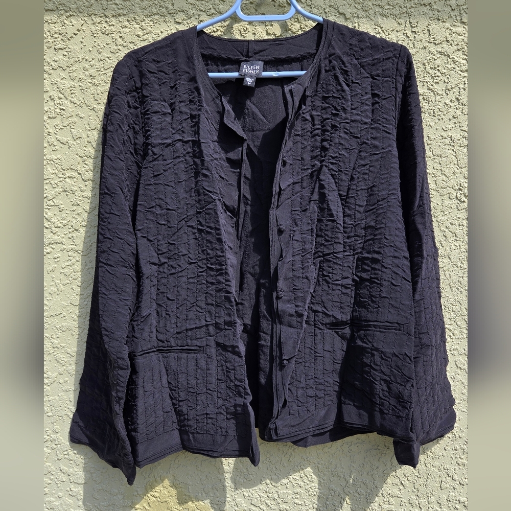 Eileen Fisher Black Asian Style 100% Silk Cardigan Sweater